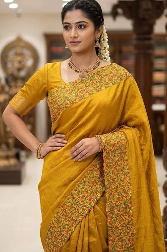 Yellow Color  embroidery ,Multi Color Thred with stone Work Silk Saree