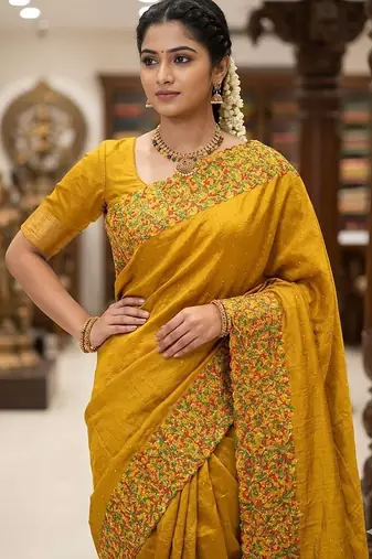 Yellow Color  embroidery ,Multi Color Thred with stone Work Silk Saree