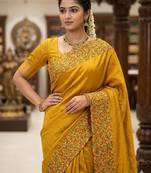 Yellow Color  embroidery ,Multi Color Thred with stone Work Silk Saree