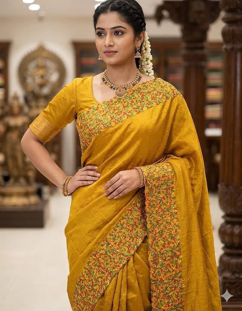 Yellow Color  embroidery ,Multi Color Thred with stone Work Silk Saree