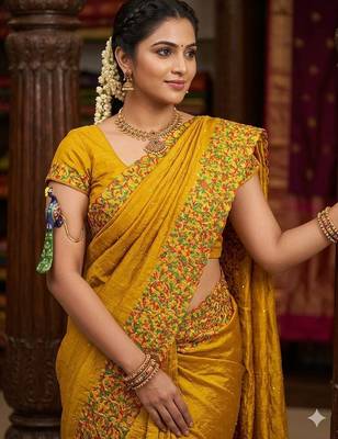 Yellow Color  embroidery ,Multi Color Thred with stone Work art silk saree 2