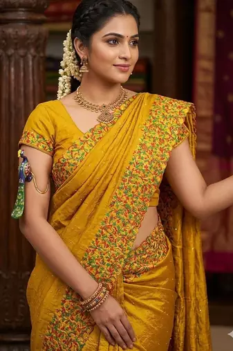 Yellow Color  embroidery ,Multi Color Thred with stone Work art silk saree