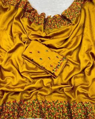 Yellow Color  embroidery ,Multi Color Thred with stone Work art silk saree 3
