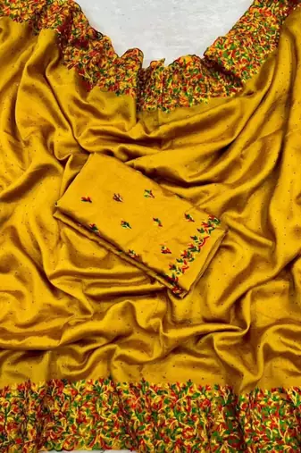 Yellow Color  embroidery ,Multi Color Thred with stone Work art silk saree