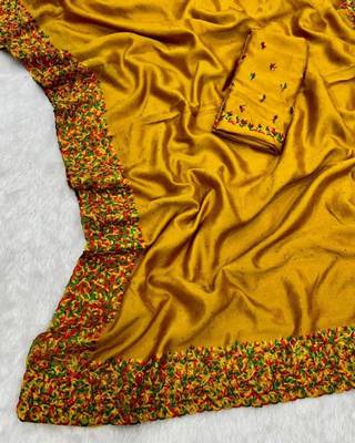 Yellow Color  embroidery ,Multi Color Thred with stone Work art silk saree 4