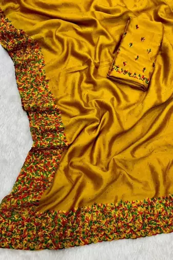 Yellow Color  embroidery ,Multi Color Thred with stone Work art silk saree