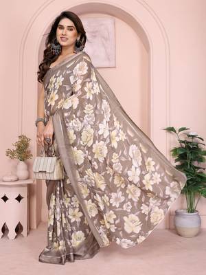 camel floral printed satin saree with unstitched blouse 1