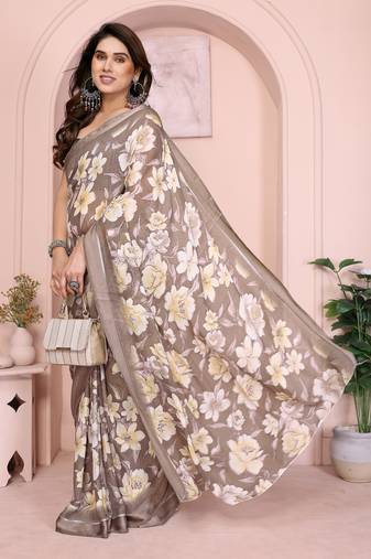 Women Floral Printed Satin Ethnic Saree