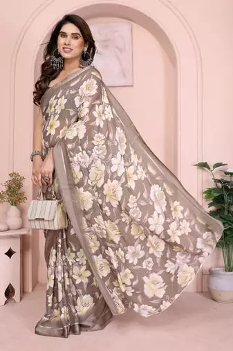 Women Floral Printed Satin Ethnic Saree