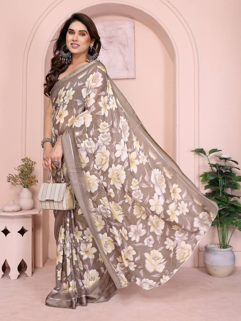Women Floral Printed Satin Ethnic Saree