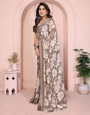 camel floral printed satin saree with unstitched blouse 2