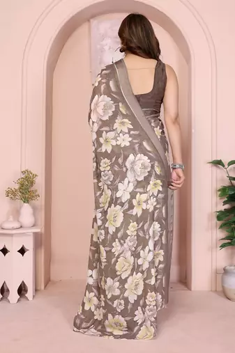 camel floral printed satin saree with unstitched blouse