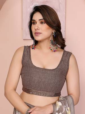 camel floral printed satin saree with unstitched blouse 4
