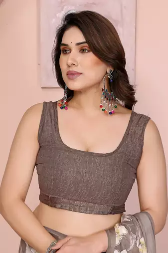camel floral printed satin saree with unstitched blouse