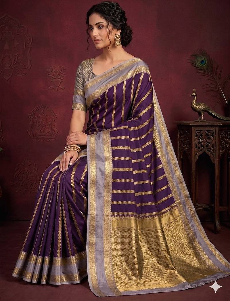 Women's stunning wine soft silk Faux banarasi full zari work saree with blouse piece