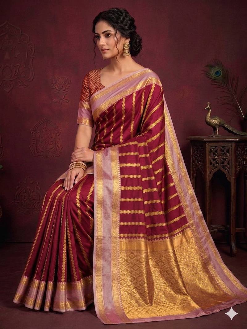 Women's stunning red soft silk Faux banarasi full zari work saree with blouse piece