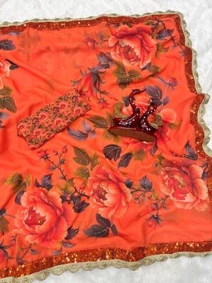 Orange Color Sequins And handwork georgettete  Saree 1