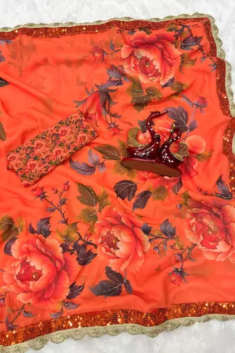 Orange Color Sequins And handwork Georgette  Saree