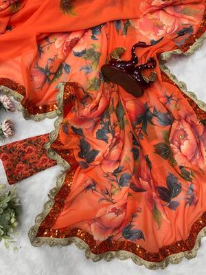Orange Color Sequins And handwork georgettete  Saree 2
