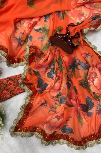 orange floral print georgette saree with sequins handwork