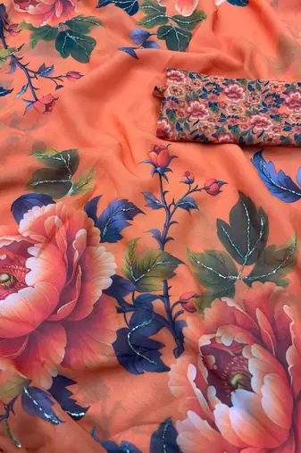 orange floral print georgette saree with sequins handwork