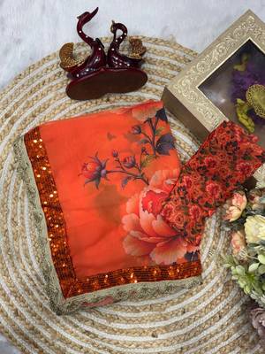 Orange Color Sequins And handwork georgettete  Saree 4