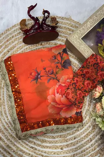 orange floral print georgette saree with sequins handwork