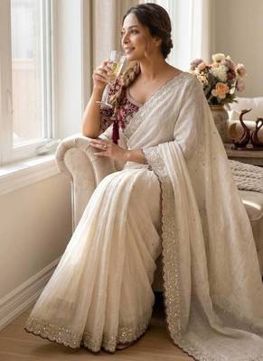 White Color sequin embroidery work Silk Saree 1