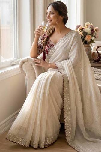 White Color Sequence embroidery work Silk Saree