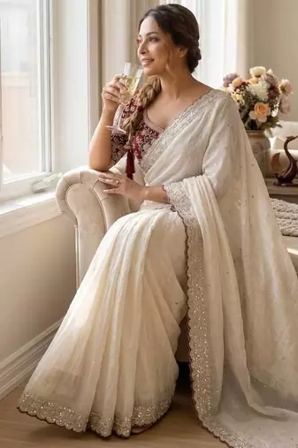White Color Sequence embroidery work Silk Saree