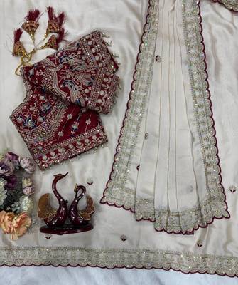 White Color sequin embroidery work Silk Saree 2