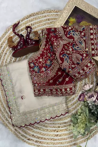 white sequins embroidered rangoli silk saree