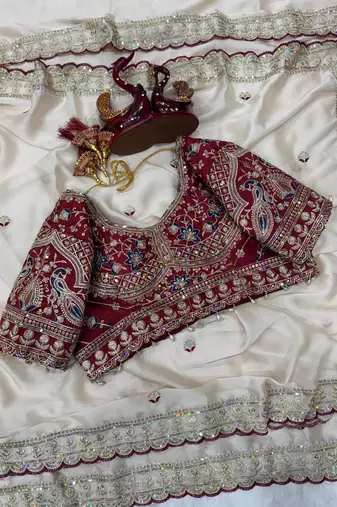 white sequins embroidered rangoli silk saree