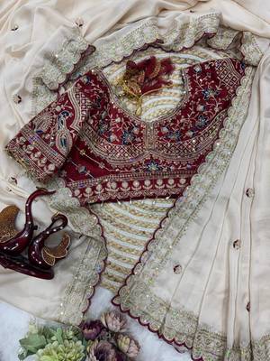 White Color sequin embroidery work Silk Saree 5