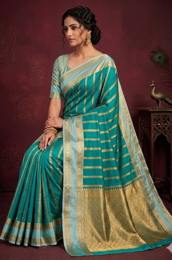 Women's stunning turquoise soft silk Faux banarasi full zari work saree with blouse piece