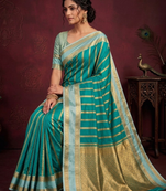 Women's stunning turquoise soft silk Faux banarasi full zari work saree with blouse piece