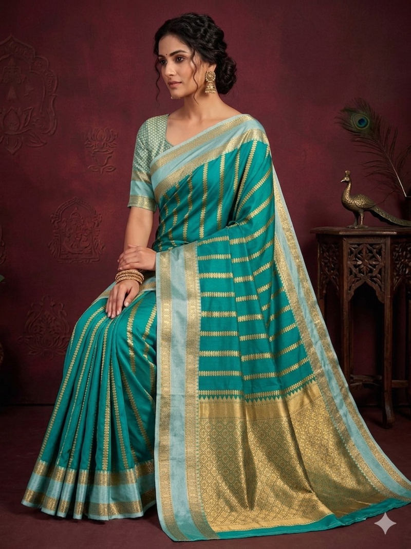 Women's stunning turquoise soft silk Faux banarasi full zari work saree with blouse piece