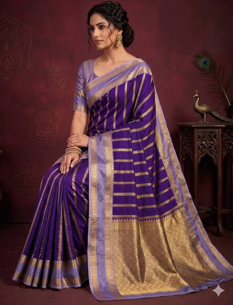 Women's stunning purple soft silk Faux banarasi full zari work saree with blouse piece