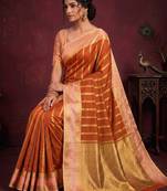 Women's stunning orange soft silk Faux banarasi full zari work saree with blouse piece
