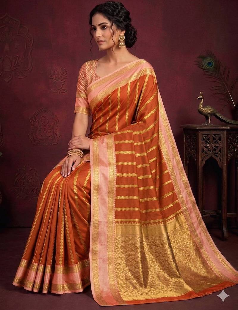 Women's stunning orange soft silk Faux banarasi full zari work saree with blouse piece