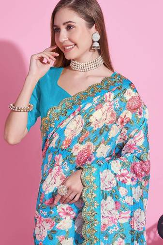 Sky Blue Color  Digital Print and zari dori Embroidered Work Silk Saree.
