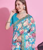 Sky Blue Color  Digital Print and zari dori Embroidered Work Silk Saree.