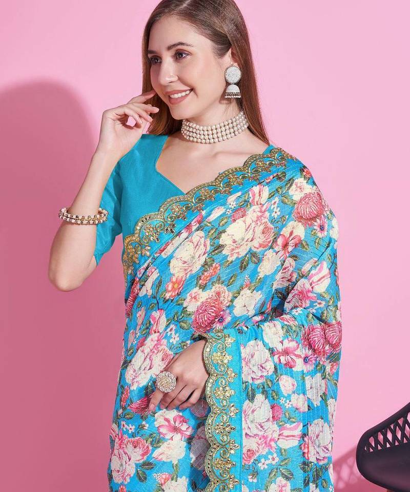 Sky Blue Color  Digital Print and zari dori Embroidered Work Silk Saree.