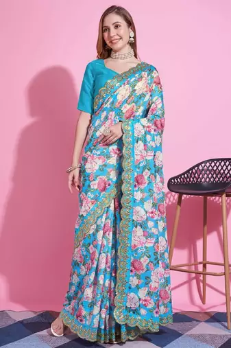 sky blue floral print vichitra silk saree with embroidered border