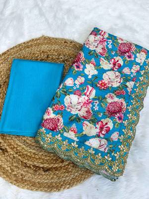 sky blue floral print vichitra silk saree with embroidered border 3