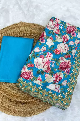 sky blue floral print vichitra silk saree with embroidered border