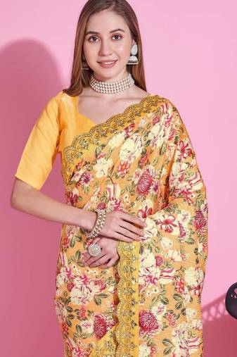 Yellow Color  Digital Print and zari dori Embroidered Work Silk Saree.