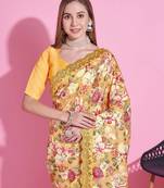 Yellow Color  Digital Print and zari dori Embroidered Work Silk Saree.