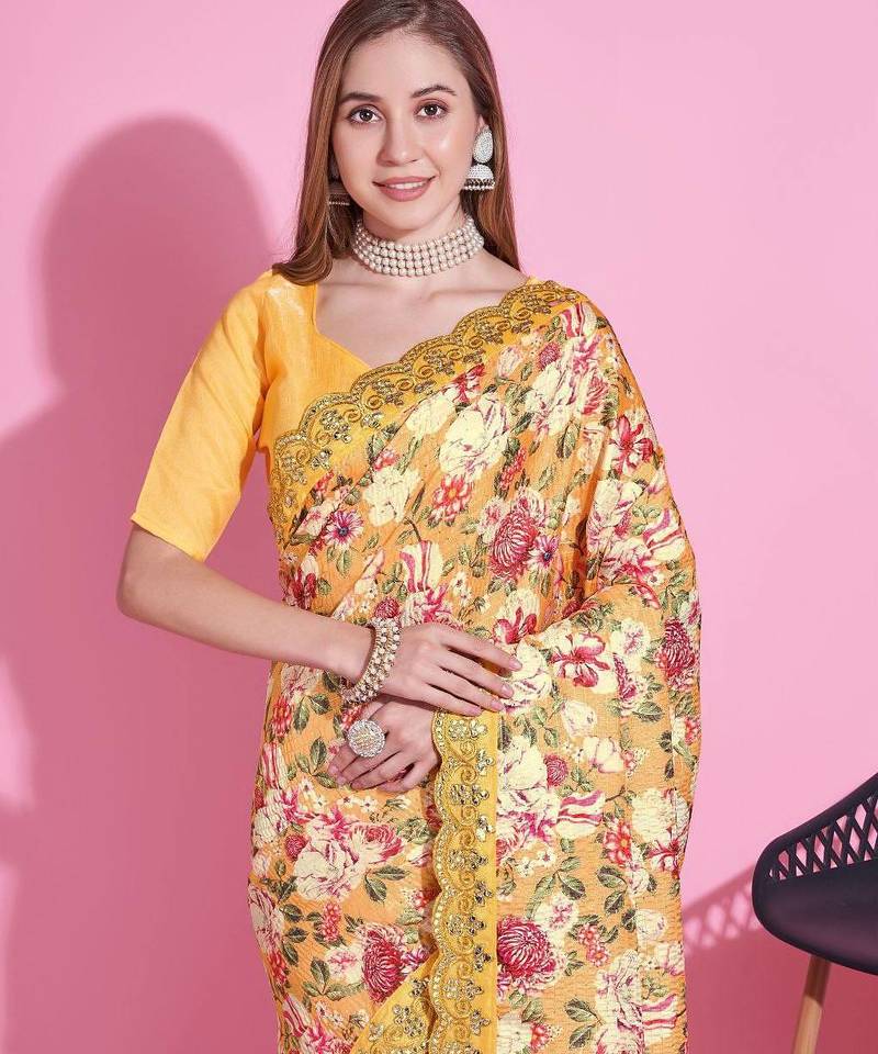 Yellow Color  Digital Print and zari dori Embroidered Work Silk Saree.