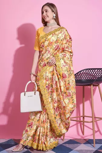 yellow floral print vichitra silk saree with embroidered border